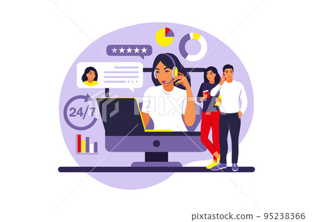Customer service concept. Woman with headphones and microphone with laptop. Support, assistance, call center. Vector illustration. Flat style Customer service concept. Woman with headphones and microphone with laptop. Support, assistance, call center. Vector illustration. Flat style 95238366