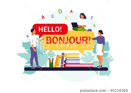 Online multi language translator. People using online translation app. Vector illustration. Isolated flat. 95238368