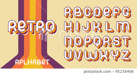 Retro font. Letters of 70s-80s aesthetics. Vector alphabet in layered style. 95238406