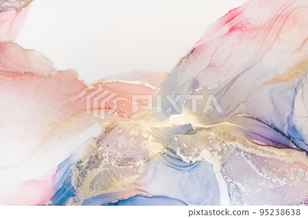 Aabstract fluid art painting in alcohol ink technique, mixture blue, red and gold paints. Frozen paint mixes, weaves incredible patterns and spots. 95238638