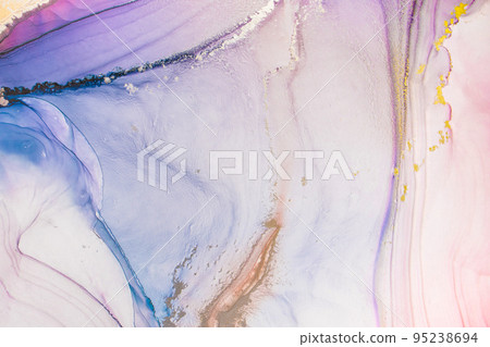 Aabstract fluid art painting in alcohol ink technique, mixture blue, red and gold paints. Frozen paint mixes, weaves incredible patterns and spots. 95238694