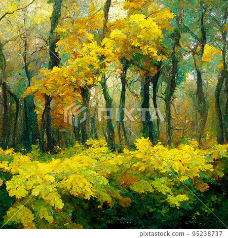 Autumn forest landscape. Colorful watercolor painting of fall season. Green and yellow trees. 95238737