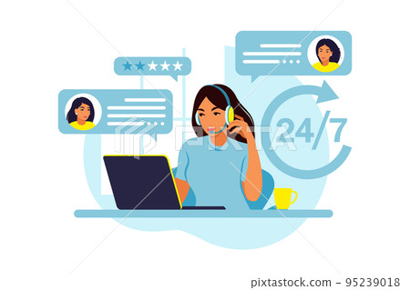 Customer service concept. Woman with headphones and microphone with laptop. Support, assistance, call center. Vector illustration. Flat style 95239018