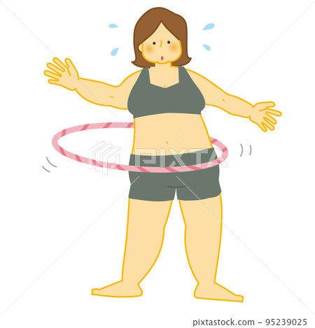 Plump woman exercising with a hula hoop while sweating Plump woman exercising with a hula hoop while sweating 95239025