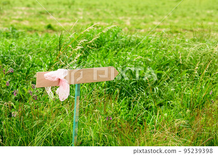 wooden arrow with pink ribbon 95239398