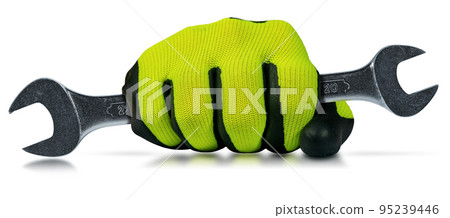 Gloved Hand Holding a Steel Wrench Isolated on White Background Gloved Hand Holding a Steel Wrench Isolated on White Background 95239446