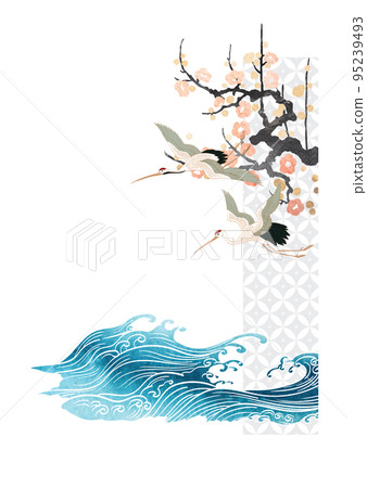 Crane birds vector. Japanese background with watercolor texture painting texture. Oriental natural wave pattern with ocean sea decoration banner design in vintage style. Cherry blossom pattern element Crane birds vector. Japanese background with watercolor texture painting texture. Oriental natural wave pattern with ocean sea decoration banner design in vintage style. Cherry blossom pattern element 95239493