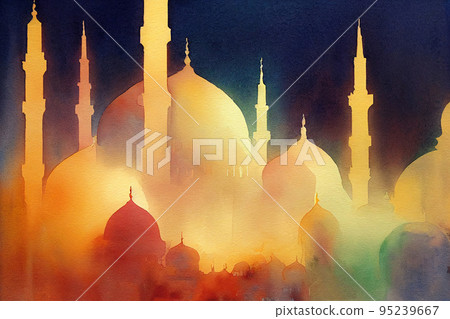 Crescent Islamic with mosque for Ramadan Kareem and eid mubarak. Golden Half Moon pattern,background. 95239667