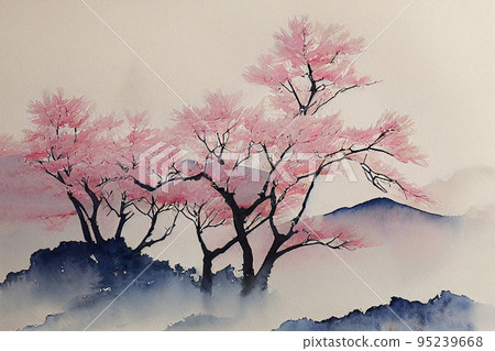 Hand drawn Japanese watercolor illustration. Sketch and watercolor background with Fuji, sakura 95239668