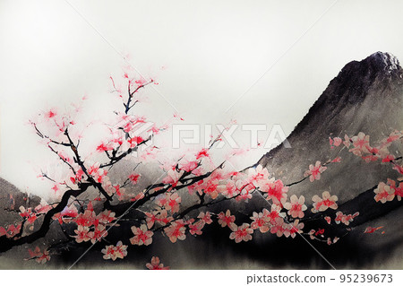 Hand drawn Japanese watercolor illustration. Sketch and watercolor background with Fuji, sakura 95239673