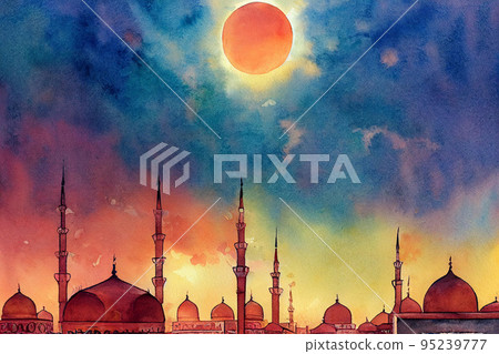Crescent Islamic with mosque for Ramadan Kareem and eid mubarak. Golden Half Moon pattern,background. 95239777