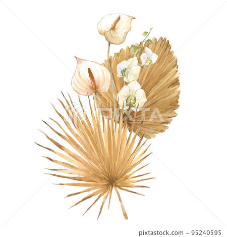 Beautiful floral bouquet stock clip art illustration with hand drawn watercolor palm leaves and white orchid anthurium flowers. . Beautiful floral bouquet stock clip art illustration with hand drawn watercolor palm leaves and white orchid anthurium flowers. . 95240595