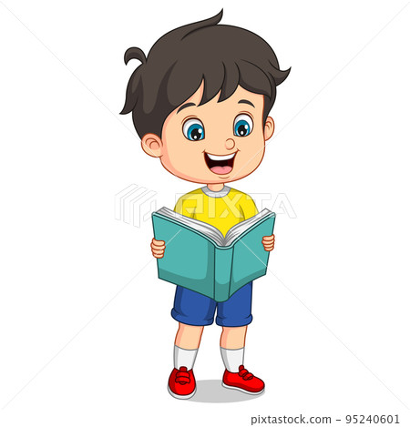 Cartoon little boy stands and reading a book 95240601