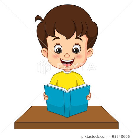 Cartoon little boy reading a book on the desk Cartoon little boy reading a book on the desk 95240606