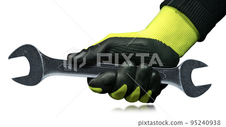 Gloved Hand Holding a Steel Wrench Isolated on White Background 95240938