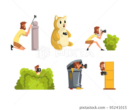 Bearded Man Paparazzi or Photographer Hiding with Photo Camera Vector Set 95241015