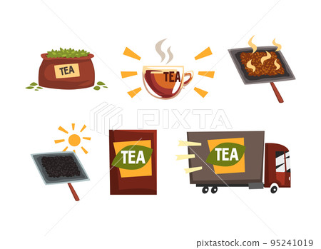 Tea Industry Production with Tea Truck and Cardboard Packaging Vector Set 95241019