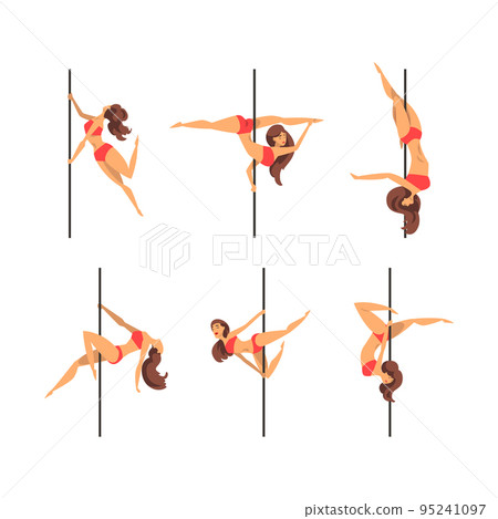 Young Pole Dancer Performing Acrobatics on Vertical Pole Vector Set Young Pole Dancer Performing Acrobatics on Vertical Pole Vector Set 95241097