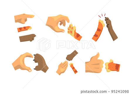 Cat or Animal Paw and Human Hand Gesturing Giving High Five and Showing Thumb Up Vector Set Cat or Animal Paw and Human Hand Gesturing Giving High Five and Showing Thumb Up Vector Set 95241098