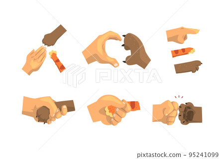 Cat or Animal Paw and Human Hand Gesturing Handshaking and Pointing Finger Vector Set Cat or Animal Paw and Human Hand Gesturing Handshaking and Pointing Finger Vector Set 95241099
