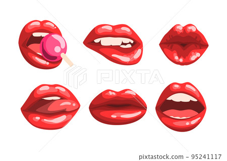 Red Glossy Lips as Girls Mouth with Lollipop and Half Open in Sensual Expression Vector Set 95241117