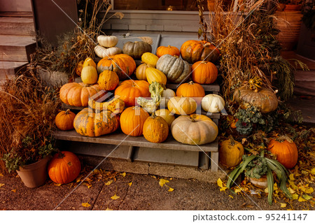 Fall and halloween decoration front porch during october. Fall and halloween decoration front porch during october. 95241147