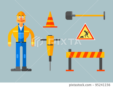 Man Builder in Uniform and Hard Hat at Construction Area Site with Shovel, Barrier and Road Cone Vector Set 95241156