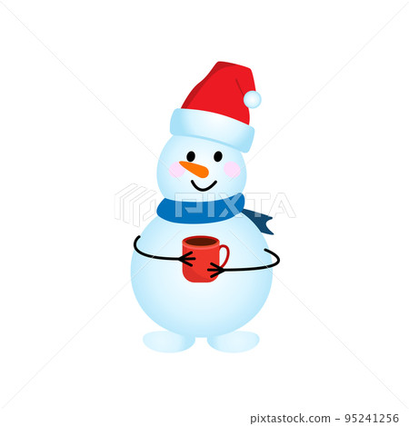 character is a snowman in a scarf and a hat with a red mug. Vector illustration. 95241256
