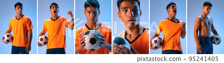 Collage. Portrait of young emotive man, motivated football player in uniform with ball posing isolated over blue studio background in neon light 95241405
