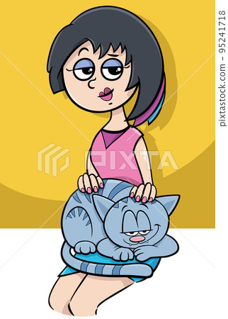 cartoon woman petting a cat on her lap 95241718