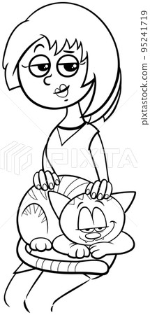 cartoon woman petting a cat on her lap coloring page 95241719