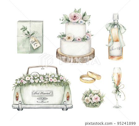 Watercolor wedding clipart set. Hand drawn illustrations isolated on white background. Romantic graphics for invitation, save the date. Wedding card decoration. Watercolor wedding clipart set. Hand drawn illustrations isolated on white background. Romantic graphics for invitation, save the date. Wedding card decoration. 95241899