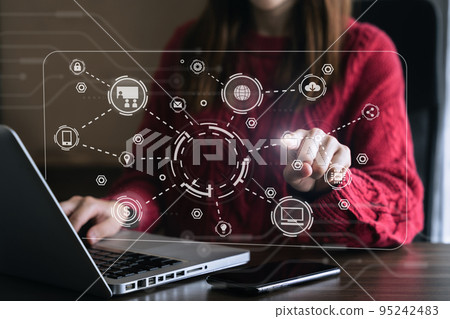 Business women working digital laptop computer in office with digital marketing media in virtual icon. 95242483