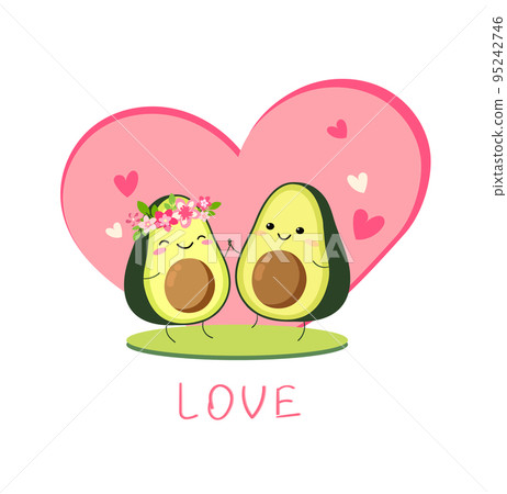 Cute vector cartoon avocado couple holding hands, Valentines day greeting card. Funny poster. .two avocado lovers on the lawn on the background of a pink heart. isolated on white background. Cute vector cartoon avocado couple holding hands, Valentines day greeting card. Funny poster. .two avocado lovers on the lawn on the background of a pink heart. isolated on white background. 95242746