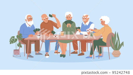 Retirement age people have fun playing card board games. Elderly people spend time together while play bridge or poker. Old men and aged women are friends in retirement home. Flat vector illustration Retirement age people have fun playing card board games. Elderly people spend time together while play bridge or poker. Old men and aged women are friends in retirement home. Flat vector illustration 95242748