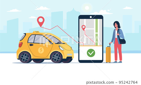 An electric taxi arrived for a client who called it using a mobile app. A girl with a suitcase is waiting ordered taxi eco car. Environmentally friendly transport, carsharing. Vector banner. Flat city 95242764