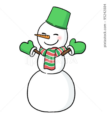 一個戴著綠色水桶的三層雪人 95242884