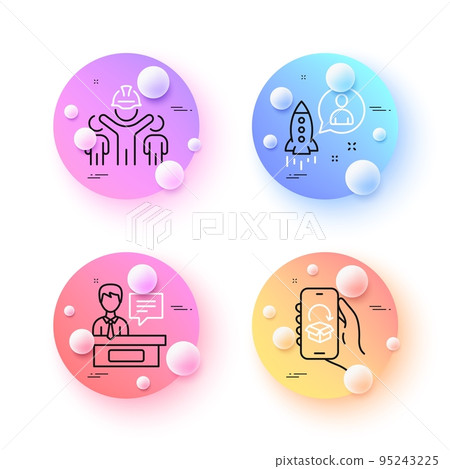 Exhibitors, Startup and Delivery app minimal line icons. 3d spheres or balls buttons. Engineering team icons. For web, application, printing. Information desk, Developer, Return package. Vector 95243225