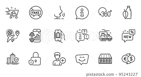 Outline set of Shopping cart, Water bottle and Money exchange line icons for web application. Talk, information, delivery truck outline icon. Vector 95243227