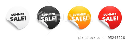 Summer Sale text. Round sticker badge with offer. Special offer price sign. Advertising Discounts symbol. Paper label banner. Summer sale adhesive tag. Vector Summer Sale text. Round sticker badge with offer. Special offer price sign. Advertising Discounts symbol. Paper label banner. Summer sale adhesive tag. Vector 95243228