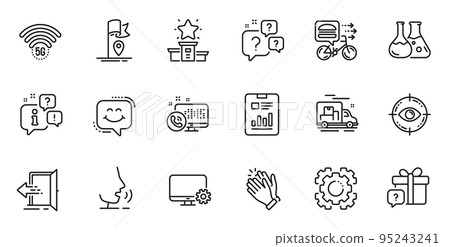 Outline set of Clapping hands, Question bubbles and Smile chat line icons for web application. Talk, information, delivery truck outline icon. Vector Outline set of Clapping hands, Question bubbles and Smile chat line icons for web application. Talk, information, delivery truck outline icon. Vector 95243241