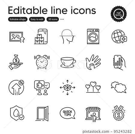 Set of Business outline icons. Contains icons as Upload photo, Messenger and Loan elements. Alarm clock, Espresso, Open door web signs. Puzzle, Waterproof, Quickstart guide elements. Vector Set of Business outline icons. Contains icons as Upload photo, Messenger and Loan elements. Alarm clock, Espresso, Open door web signs. Puzzle, Waterproof, Quickstart guide elements. Vector 95243282