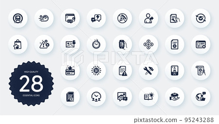 Set of Technology icons, such as Download photo, Lightning bolt and Technical documentation flat icons. Crane claw machine, Warning, Accounting web elements. Refer friend, Spanner tool. Vector 95243288