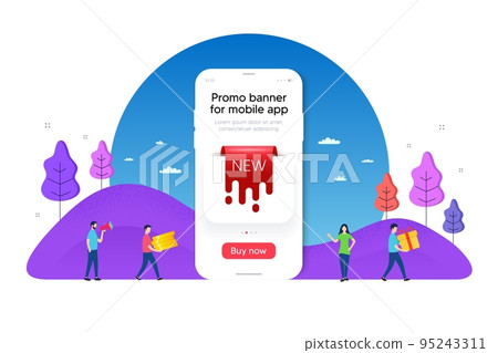 New offer ribbon banner. Phone ui interface banner. Arrival red transition label. New offer flow tag icon. Mobile smartphone promo banner. New ribbon tag. Man with gift box. Vector 95243311