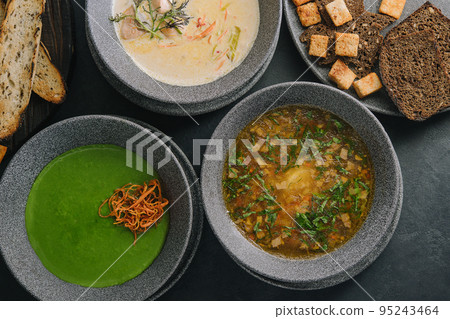 Variety of restaurant hot dishes top view Variety of restaurant hot dishes top view 95243464