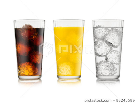 Cola soda drink with lemonade and orange soda with ice cubes and bubbles on whi 95243599