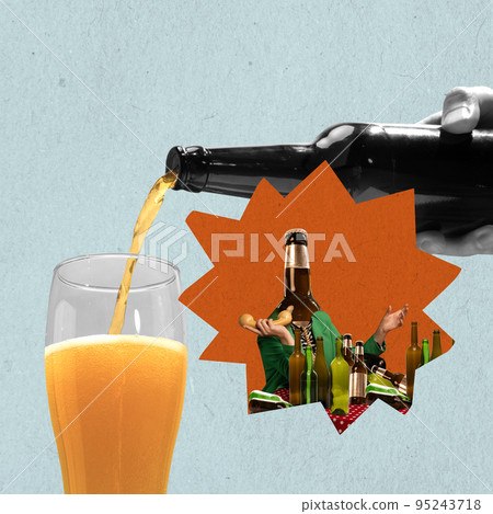 To stop drinking. Alcoholism concept. Stop alcohol addiction. Addicting to alcoholic drink. Artwork or creative collage with art design. Concept of healthcare, alcoholism, support, bad habits 95243718