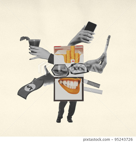 The abstract mouth, hands, cigarette and alcohol. Artwork or creative collage with art design. No smoking. World no tobacco day. Concept of healthcare, medical help, bad habits, drug control The abstract mouth, hands, cigarette and alcohol. Artwork or creative collage with art design. No smoking. World no tobacco day. Concept of healthcare, medical help, bad habits, drug control 95243726