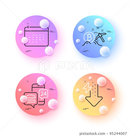 Bitcoin mining, Energy drops and Calendar minimal line icons. 3d spheres or balls buttons. Food app icons. For web, application, printing. Cryptocurrency pickaxe, Power usage, Schedule planner. Vector 95244007