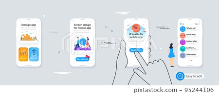 Money transfer, Megaphone box and Winner line icons for website, printing. Phone ui interface. Collection of Present delivery, Mindfulness stress, Settings icons. Vector 95244106
